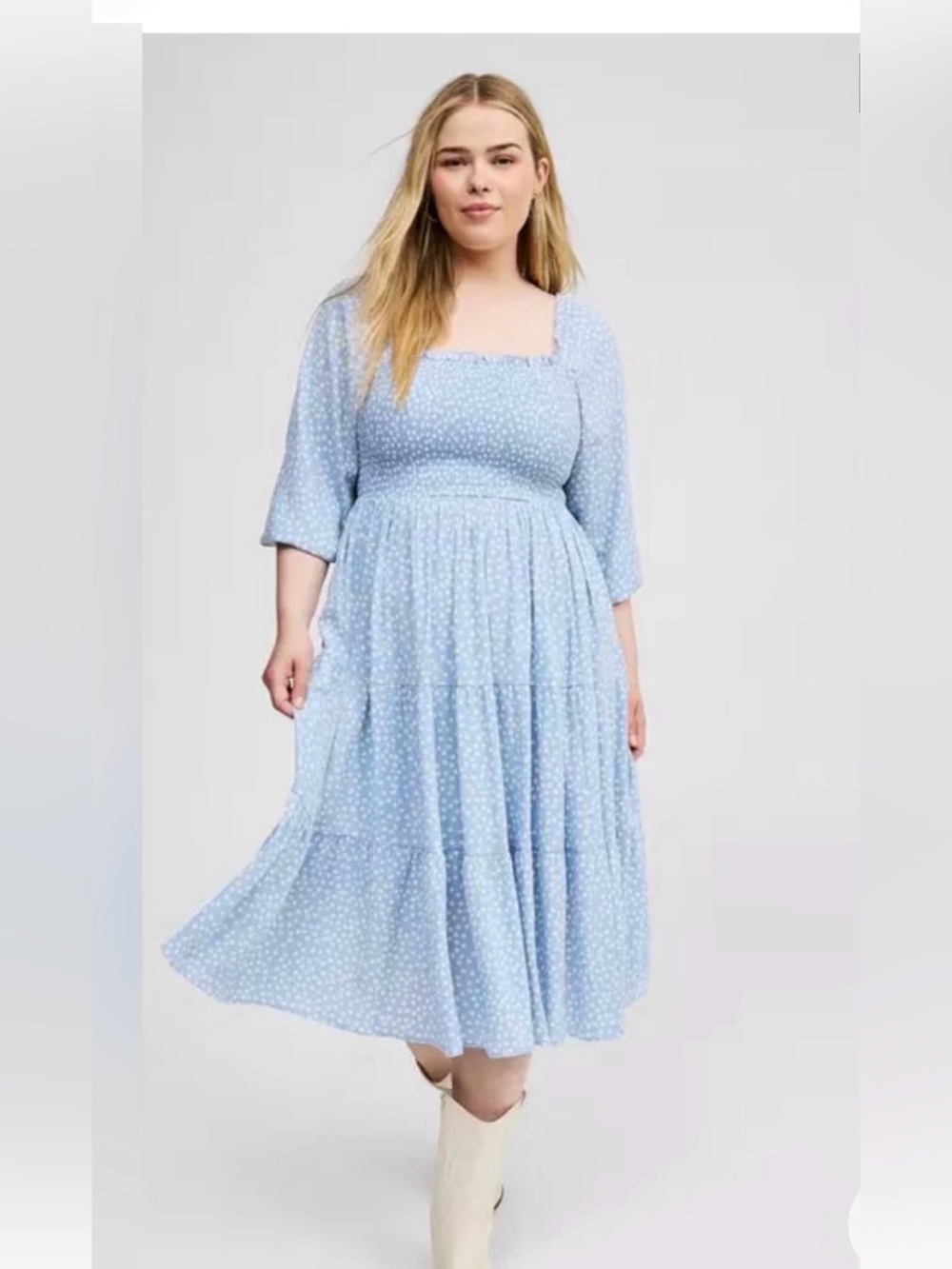 Light Blue Square-Neck Tiered Midi Dress